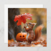 葉傘がかわいいリス – 秋の雨 シーズンカード (正面/裏面)