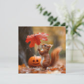 葉傘がかわいいリス – 秋の雨 シーズンカード (スタンド正面)