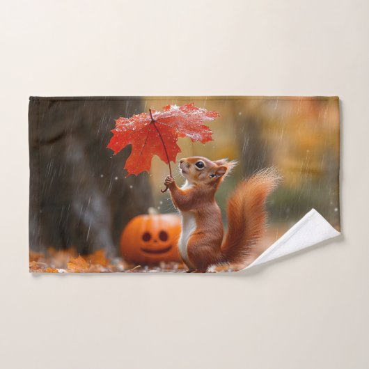 葉傘がかわいいリス – 秋の雨 ハンドタオル (ハンドタオル)