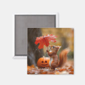 葉傘がかわいいリス – 秋の雨 マグネット (正面/裏面)