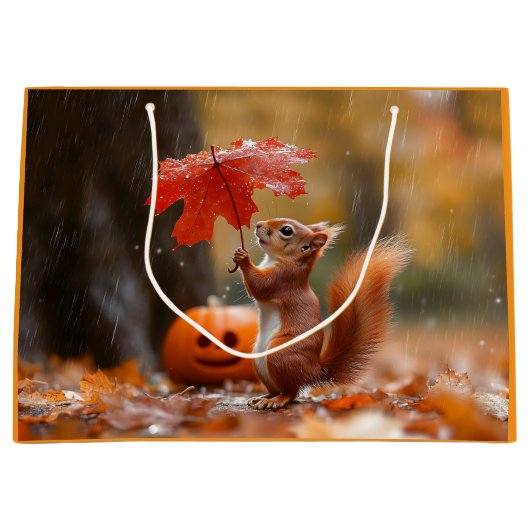 葉傘がかわいいリス – 秋の雨 ラージペーパーバッグ (正面)
