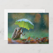 葉傘を持ったかわいいハリネズミ ポストカード (正面/裏面)