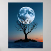葉威厳のあるのない木の後ろに昇る満月 ポスター (正面)