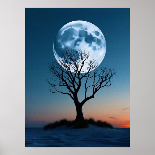 葉威厳のあるのない木の後ろに昇る満月 ポスター (正面)