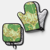葉日本のフローラ植物絵柄 鍋つかみ&鍋敷きセット (正面/裏面)