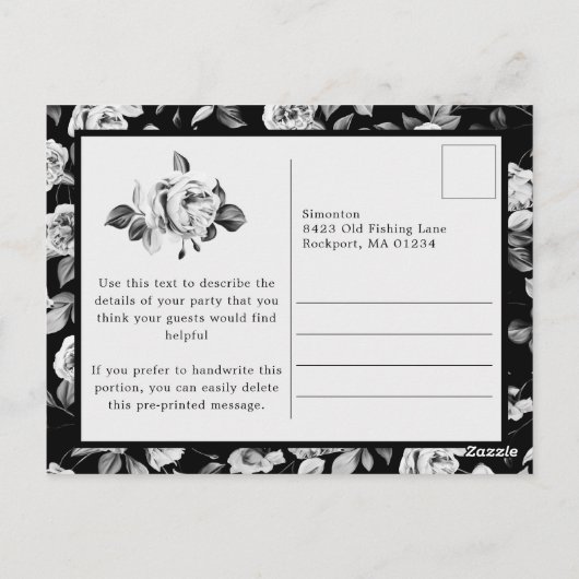葉書招待状白黒フローラ60th誕生日 ポストカード (裏面)
