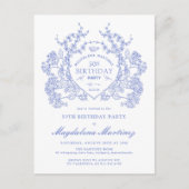 葉書50番誕生日ブルーフローラクレスト招待状 インビテーションポストカード (正面)