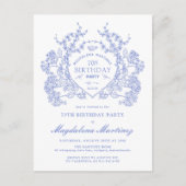 葉書70番誕生日ブルーフローラクレスト招待状 インビテーションポストカード (正面)