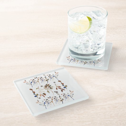 葉果実エレガント白ウォーターフローラ ガラスコースター (アングル)