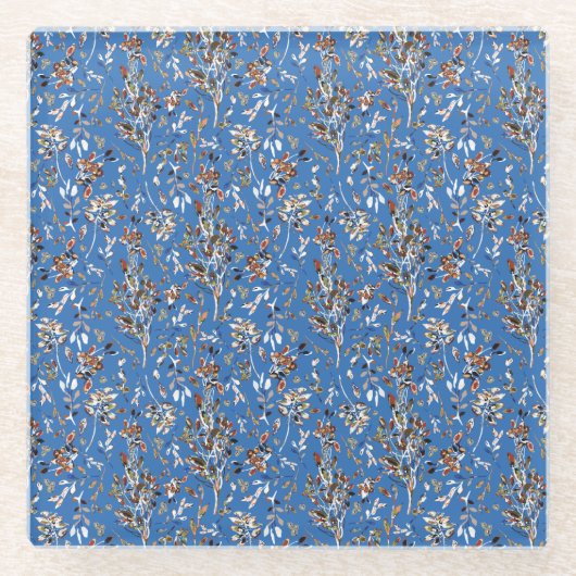 葉果実ブルーエレガントウォーターフローラ ガラスコースター (正面)