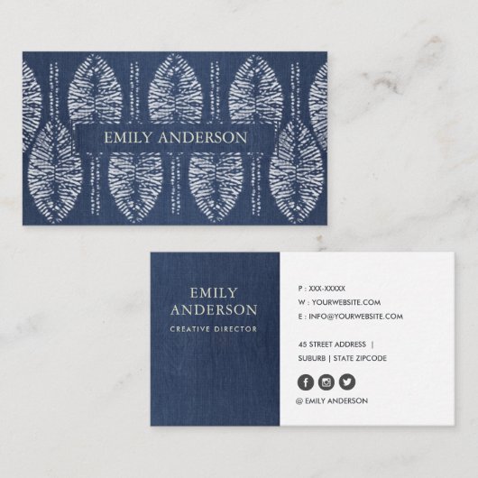 葉柄オーガニックインジゴブルー絞り染めろうけつ染め 名刺 (正面/裏面)