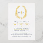 葉楕円ラインアートのネイビ結婚ーブルー金ゴールドホワイト 箔招待状 (正面)