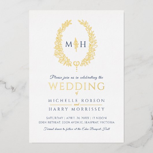 葉楕円ラインアートのネイビ結婚ーブルー金ゴールドホワイト 箔招待状 (正面)