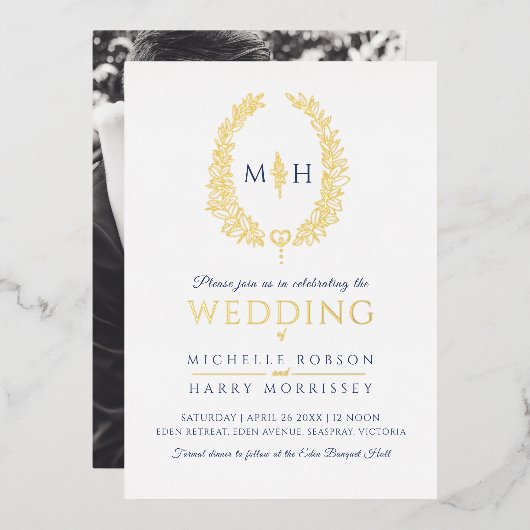 葉楕円ラインアートのネイビ結婚ーブルー金ゴールドホワイト 箔招待状 (正面/裏面)