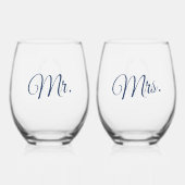 葉楕円ラインアートのネイビ結婚ーブルー飲み物用品セット ステムなしワイングラス (裏面)