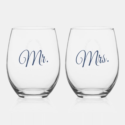 葉楕円ラインアートのネイビ結婚ーブルー飲み物用品セット ステムなしワイングラス (裏面)