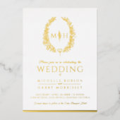 葉楕円ラインアート結婚の白い金ゴールド箔 箔招待状 (正面)