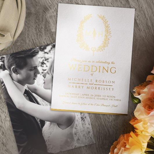 葉楕円ラインアート結婚の白い金ゴールド箔 箔招待状