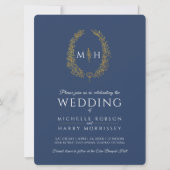 葉楕円ラインアート結婚の金ゴールドネイビーブルー白 招待状 (正面)