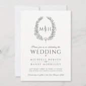 葉楕円リース結婚の木炭の白写真 招待状 (正面)