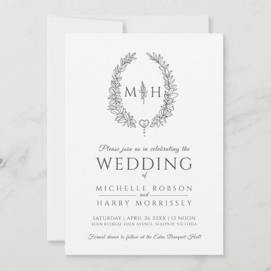 葉楕円リース結婚の木炭の白写真 招待状 (正面)