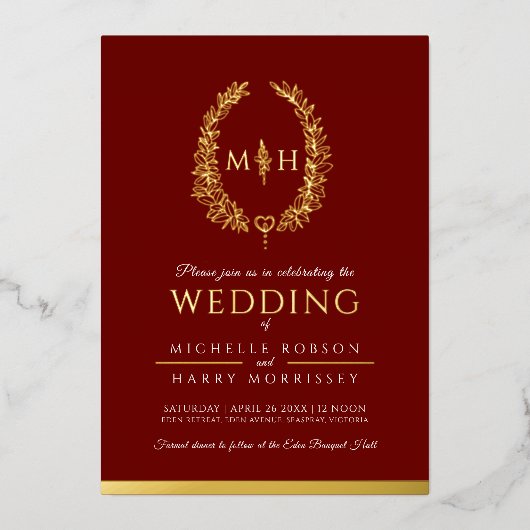 葉楕円形のラインアートの結婚フォトバーガンディ赤い金ゴールド 箔招待状 (正面)