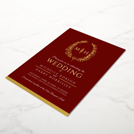 葉楕円形のラインアートの結婚フォトバーガンディ赤い金ゴールド 箔招待状 (回転した状態)