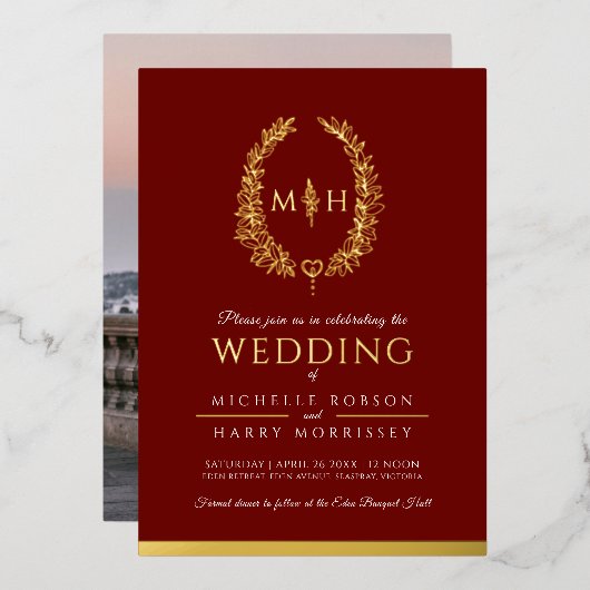 葉楕円形のラインアートの結婚フォトバーガンディ赤い金ゴールド 箔招待状 (正面/裏面)