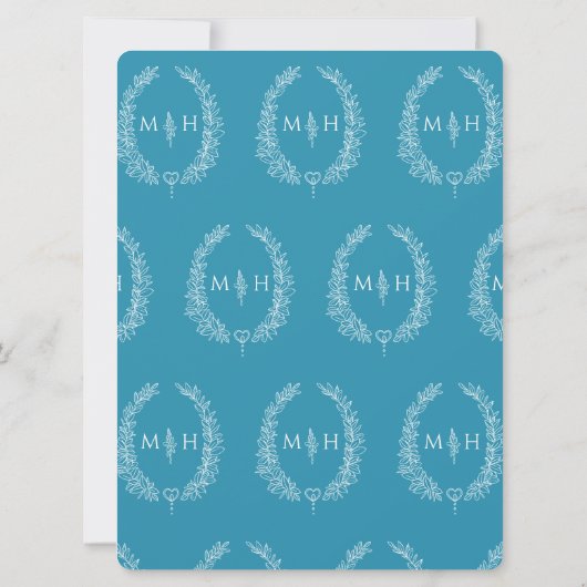 葉楕円形のラインアート結婚のアクアティール(緑がかった色)と白 招待状 (裏面)