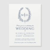 葉楕円形のライン結婚アートのネイビー・ブルーとホワイト マグネット招待状 (正面)