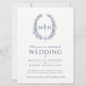 葉楕円形のライン結婚アートのネイビー・ブルーとホワイト 招待状 (正面)