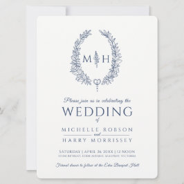 葉楕円形のライン結婚アートのネイビー・ブルーとホワイト 招待状