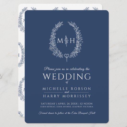 葉楕円形のライン結婚アートのネイビー・ブルーとホワイト 招待状 (正面/裏面)