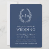 葉楕円形のライン結婚アートのネイビー・ブルーとホワイト 招待状 (正面)