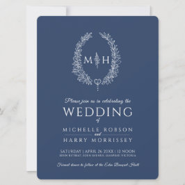 葉楕円形のライン結婚アートのネイビー・ブルーとホワイト 招待状