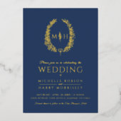 葉楕円形のライン結婚アートのネイビー・ブルーとホワイト 箔招待状 (正面)