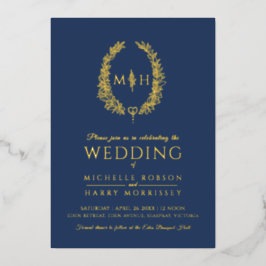 葉楕円形のライン結婚アートのネイビー・ブルーとホワイト 箔招待状