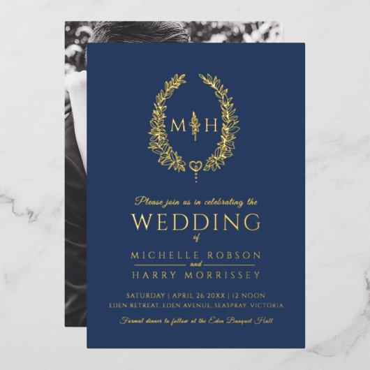 葉楕円形のライン結婚アートのネイビー・ブルーとホワイト 箔招待状 (正面/裏面)