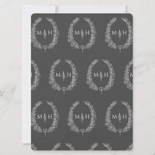 葉楕円形の線の結婚アートの濃い灰色と白 招待状 (裏面)