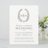 葉楕円形の線の結婚アートの濃い灰色と白 招待状 (スタンド正面)