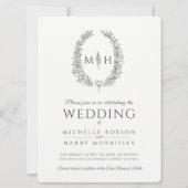 葉楕円形の線の結婚アートの濃い灰色と白 招待状 (正面)