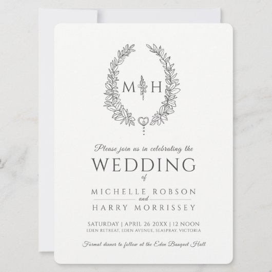 葉楕円形の線の結婚アートの濃い灰色と白 招待状 (正面)