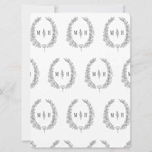 葉楕円形の線の結婚アートの濃い灰色と白 招待状 (裏面)