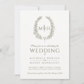 葉楕円形の線アート結婚のオリーブグリーン白い写真 招待状 (正面)