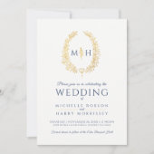 葉楕円形の線アート結婚のダークブルー金ゴールドホワイト 招待状 (正面)