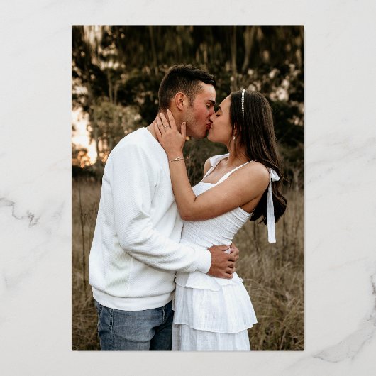 葉楕円形の線アート結婚の写真ダークブルー金ゴールド 箔招待状 (裏面)