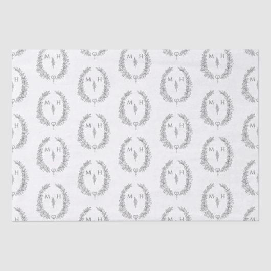 葉楕円形モノグラムスケッチグレイ結婚オン白 薄葉紙 (正面)