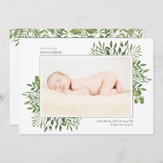 葉水彩フォトコラージュ生まれたばかりの誕生 案内状 (正面/裏面)