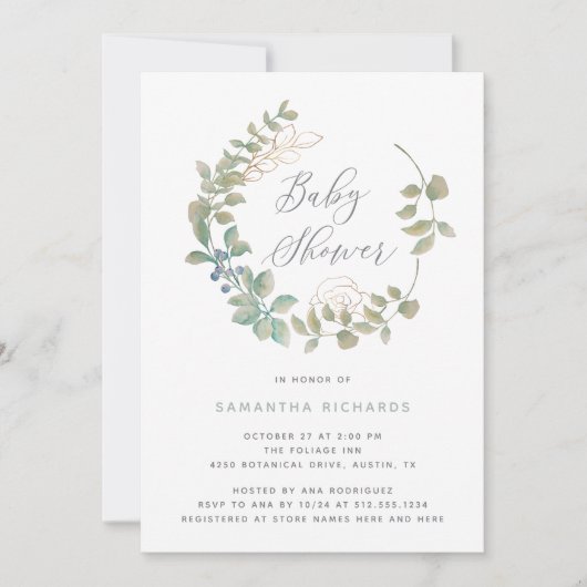 葉状リース | 植物性ベビーシャワー付き金ゴールド 招待状 (正面)