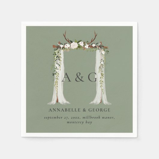 葉素朴白フローラスタッ結婚グキャノピー スタンダードカクテルナプキン (正面)